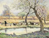 La Bergere et son Troupeau au bord d by Fernand Maillaud, Oil on panel, sold Aug 2021