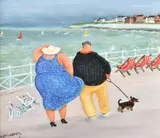 Windy day on the seafront Oil on board Signed (lower left); titled (verso) 22.5 x 27.5cm (8¾ x 10¾ in.) Margaret Loxton was born in Middlesex in 1938 by Margaret Loxton, Oil on board, sold Aug 2021