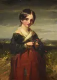 A country girl wearing a red dress by J. P Drew, 1847, Oil on canvas, offered Aug 2021