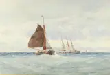 Marine view with fishing boat and frigate by W. Wilson, Oil on canvas, sold Aug 2021