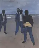 Four men on a beach, 1990 by Tim Clarke, Mixed media on paper Unsigned, offered Aug 2021