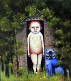 The boy in the house in the woods Acrylic on canvas laid to panel Signed with initials (lower right) 19 x 17.3cm (7¼ x 6¾ in.) Painted in 2001 by Heather Nevay, 2001, Acrylic on canvas laid to panel, sold Aug 2021