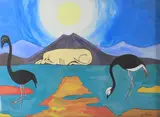 Dog and Mountain Mixed media on paper Signed 41 x 58.5cm (16 x 23 in.) Framed by Wilma Johnson, Mixed media on paper, offered Aug 2021