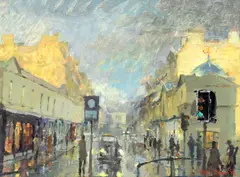Street scene Oil on board Signed and dated 96 (lower right) 30 x 41cm (11¾ x 16 in.) Peter Brown is a Bath based artist, also known as 'Pete the Street by Peter Brown, Oil on board, sold Aug 2021