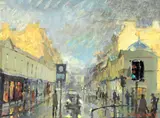 Street scene Oil on board Signed and dated 96 (lower right) 30 x 41cm (11¾ x 16 in.) Peter Brown is a Bath based artist, also known as 'Pete the Street by Peter Brown, Oil on board, sold Aug 2021