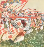 At the charge Pencil and watercolor heightened with white Signed with initials (lower right) 40 x 38cm (15½ x 14¾ in.) Provenance Sale by Harry Bush, Pencil and watercolor heightened with white, offered Aug 2021