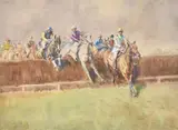 The First Fence, The National Hunt, Cheltenham 1949 by Peter Biegel, Watercolour and bodycolour, sold Aug 2021