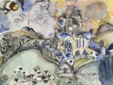 Lovers in the sky, over the church and sheep Pen by Lydia Corbett, Pen, ink and watercolour, sold Aug 2021