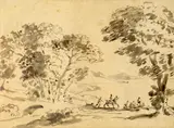 Landscape with figures and horse by William Henry Barnard, Pen and ink Unsigned- old label to reverse, offered Aug 2021