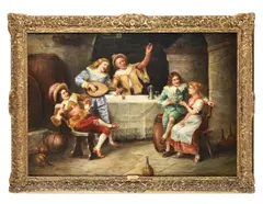 Cavaliers entertaining a young lady with music and wine Oil on canvas Bears signature (lower left)64 x 92cm (25 x 36 in.) by L. Baldy, Oil on canvas, sold Aug 2021