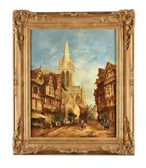 A Normandy street scene Oil on board Signed (lower right)48 x 37cm (18¾ x 14½ in.) by John Henry Foley, Oil on board, sold Aug 2021