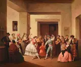 Figures dancing by Jose Gutierrez Dela Vega, oil, sold Jul 2021
