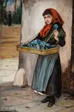 An eye to an expected buyer; a london news boy by Augustus Edwin Mulready, oil, sold Jul 2021