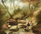 Children by a stream by Charles Hunt, oil, offered Jul 2021