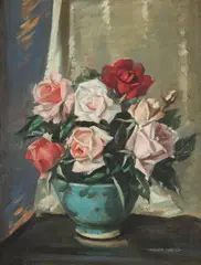 Roses in a blue bowl by William Hunter, oil, sold Jul 2021
