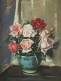 Roses in a blue bowl by William Hunter, oil, sold Jul 2021