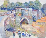 Figures by a bridge by Fred Yates, oil, sold Jul 2021