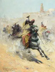 Changing horsemen by Edmund Aubrey Hunt, oil, sold Jul 2021