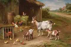 Farmyard gathering by Edgar Hunt, 1925, oil, sold Jul 2021
