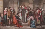 Alms giving by George Cattermole, watercolor, sold Jul 2021