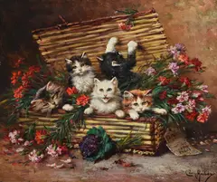 Kittens in a basket by Léon Huber, watercolor, sold Jul 2021