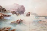 Waves breaking on rocks by Rubens Southey, watercolour, offered Jul 2022