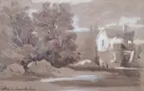 Tree lined landscape with farmhouse and figures by Sixth Earl of Essex, pencil and sepia, sold Jul 2022