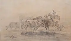 Cattle at a ford by Sawrey Gilpin, pencil and sepia, sold Jul 2022