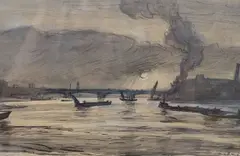 The Thames at Vauxhall by Muirhead Bone, ink and wash, sold Jul 2022
