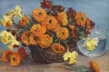 Still life of Marigolds and Daffodils in a basket by Marguerite Charrier-Roy, oil on panel, offered Jul 2022