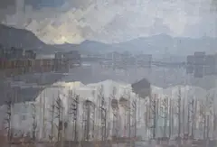 Lake viewed through reeds by Michael Cadman, 1964, oil on board, sold Jul 2022