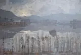 Lake viewed through reeds by Michael Cadman, 1964, oil on board, sold Jul 2022