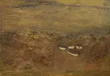 Beached fishing boats by James Boswell, 1967, mixed media on board, sold Jul 2022