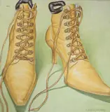 Yellow lace up ankle boots by Adam Wedgewood, oil on canvas, sold Jul 2022