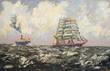 Steam and Sail' oil on board signed 50 x 75cm by Victor William Ellis, oil on board, sold Jul 2022