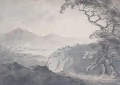 Extensive landscape, label verso, 26 x36cm by William Gilpin, ink and wash, offered Jul 2022