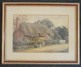 Figures beside a thatched cottage by Edith Martineau, watercolour, sold Jul 2022