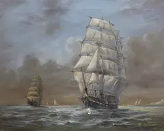 Sailing ships at sea by Max Parsons A.R.C.A., oil on canvas, sold Jul 2022