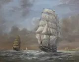 Sailing ships at sea by Max Parsons A.R.C.A., oil on canvas, sold Jul 2022
