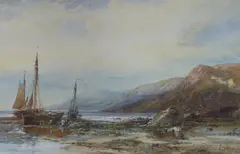 Coastal scene with fishing boats unloading the catch by Albert Pollitt, 1905, watercolour, offered Jul 2022