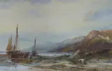 Coastal scene with fishing boats unloading the catch by Albert Pollitt, 1905, watercolour, offered Jul 2022