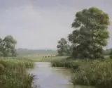 River landscape with cattle by Edward Hersey, oil on canvas, sold Jul 2022