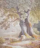 Cow watering in parkland, 16 x 13cm by George Barret Jnr., watercolour, offered Jul 2022
