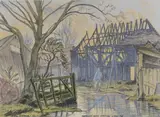 After the fire, North End Farm, Ditchling by Edgar Holloway, 1981, watercolour, sold Jul 2022