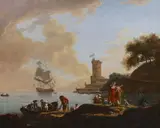 Claudian style harbour scenes with figures dis by Flore Marescaille de Caffort, 1798, oil, sold Jun 2022