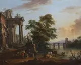 Travellers in Italianate landscapes with classical ruins by Jean-Baptiste Lallemand, oil on canvas, sold Jun 2022
