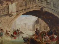 Gondoliers beneath the Rialto Bridge and View along the Grand by Edward Pritchett, oil, offered Jun 2022
