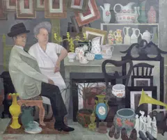 The Antiques Stall' oil on canvas signed and dated 1951 50 x 60cm by Alfred Daniels, 1951, oil on canvas, sold Jun 2022