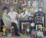 The Antiques Stall' oil on canvas signed and dated 1951 50 x 60cm by Alfred Daniels, 1951, oil on canvas, sold Jun 2022
