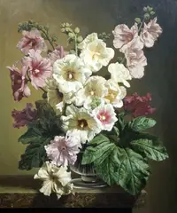 Hollyhocks No.1 by Bennett Oates, oil on board, sold Jun 2022